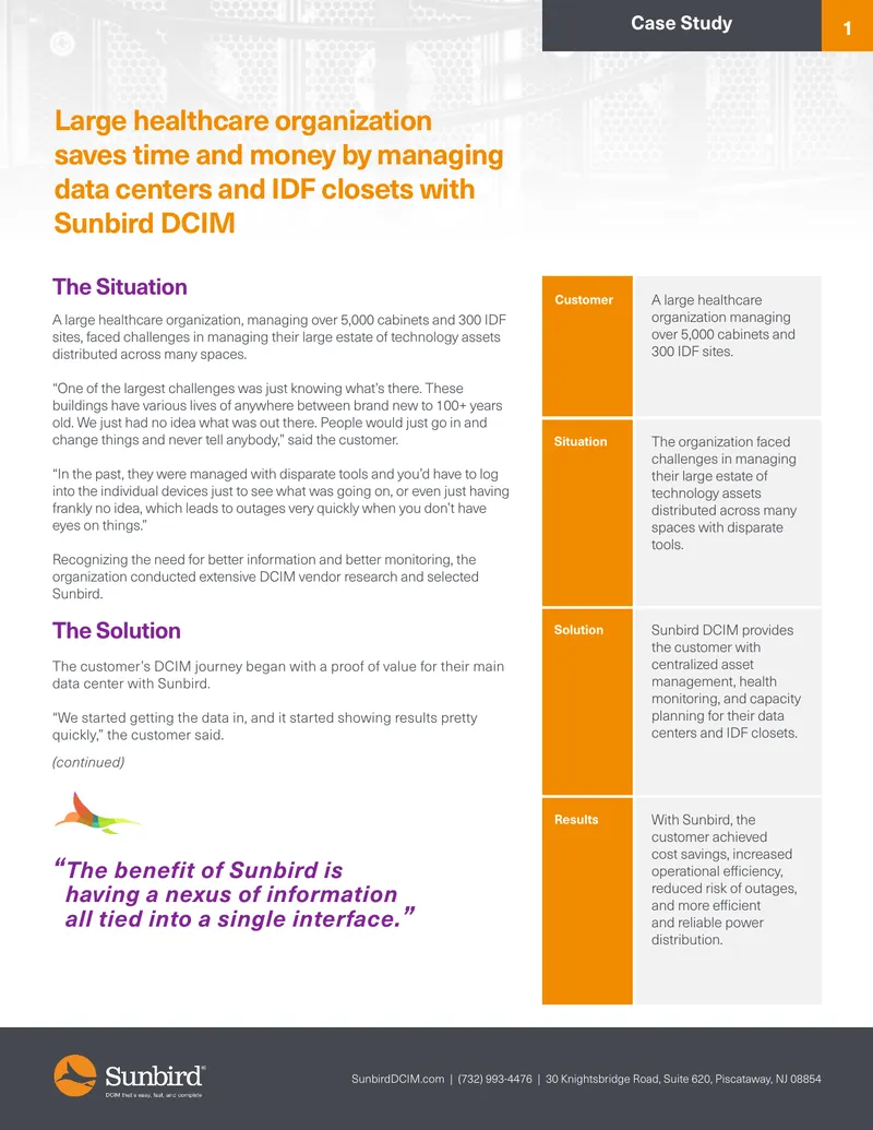 Large Healthcare Organization Manages Data Centers with Sunbird DCIM