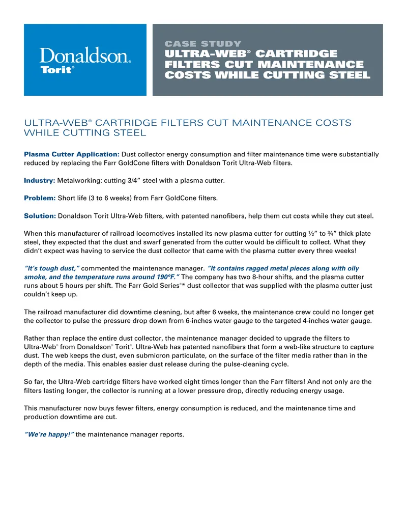 Ultra-Web Cartridge Filters Maintenance Cost Reduction Case Study