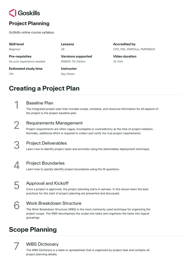Project Planning Online Course Syllabus