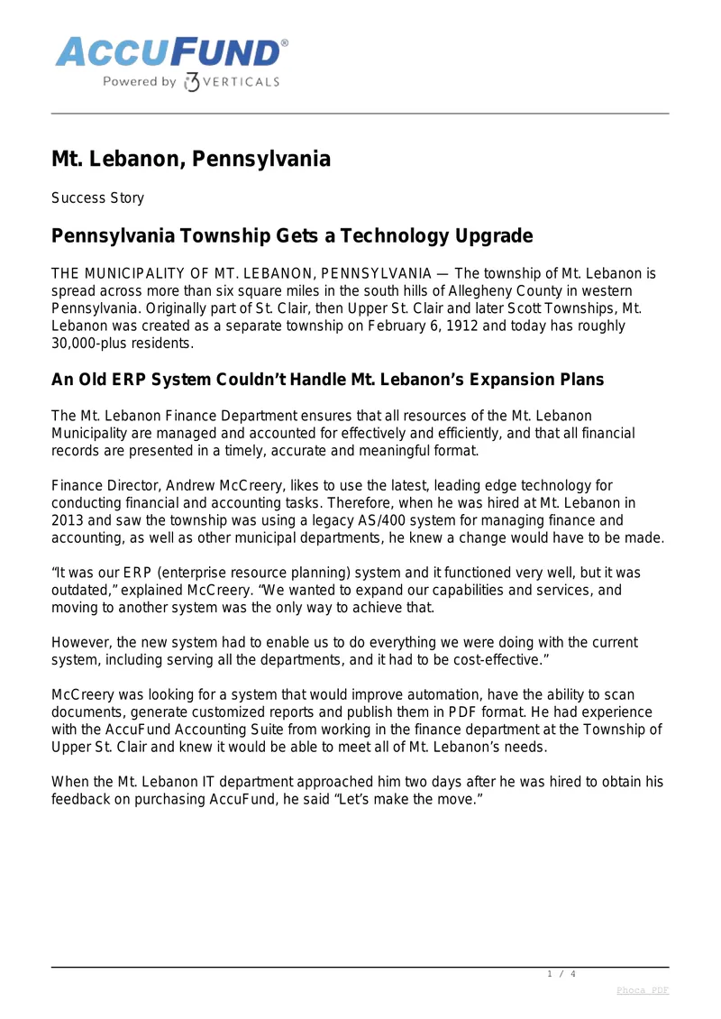 Mt. Lebanon Township Technology Upgrade Case Study