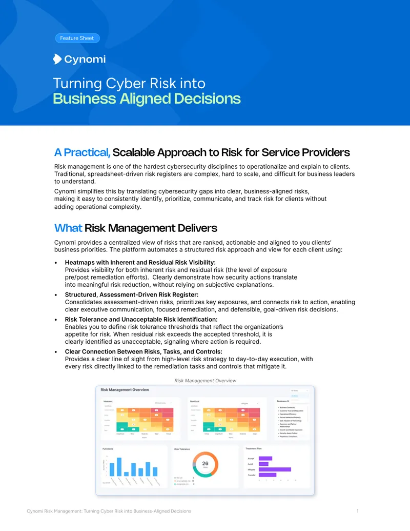Cynomi Risk Management Feature Sheet