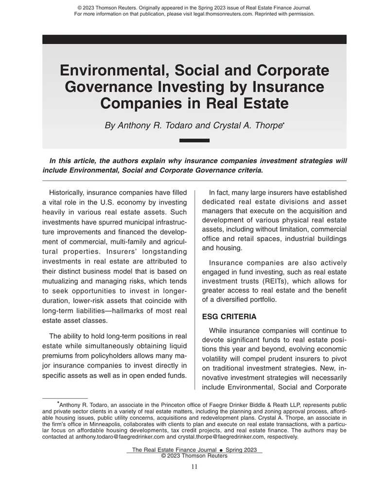 Environmental, Social and Corporate Governance Investing by Insurance Companies