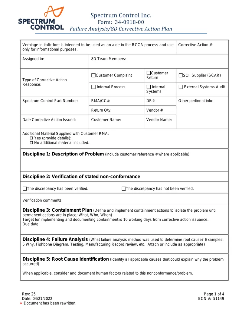 Failure Analysis and 8D Corrective Action Plan