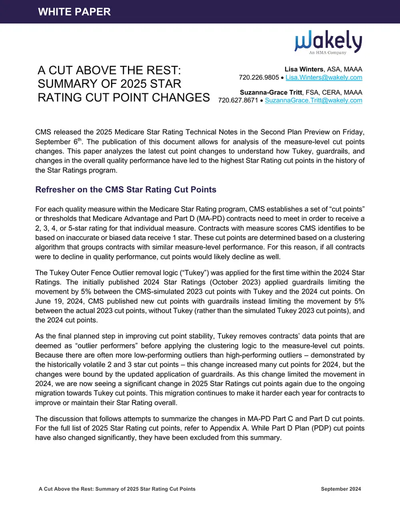 Summary of 2025 Medicare Star Rating Cut Points