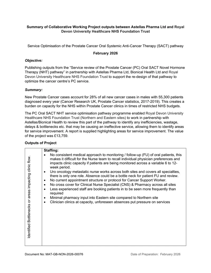 Service Optimisation of Prostate Cancer Oral SACT Pathway