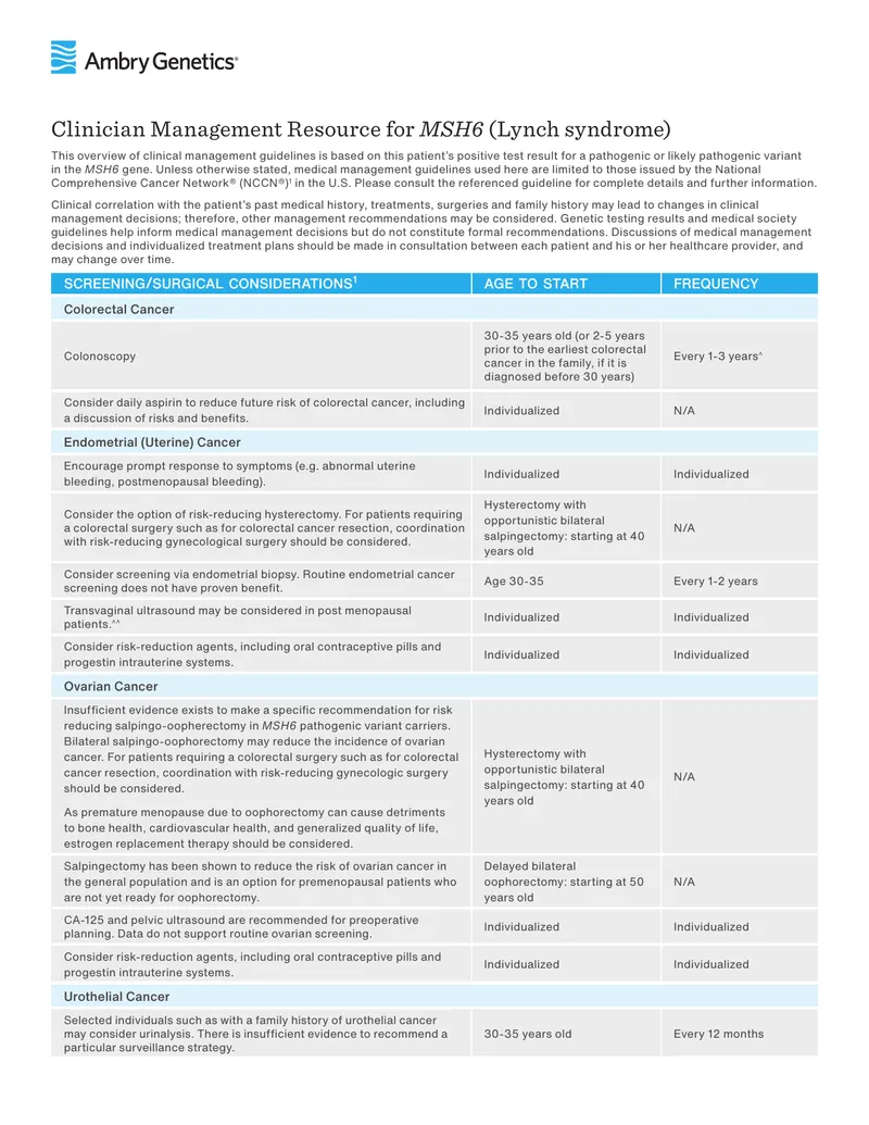 Clinical Management Guidelines for MSH6 Variants