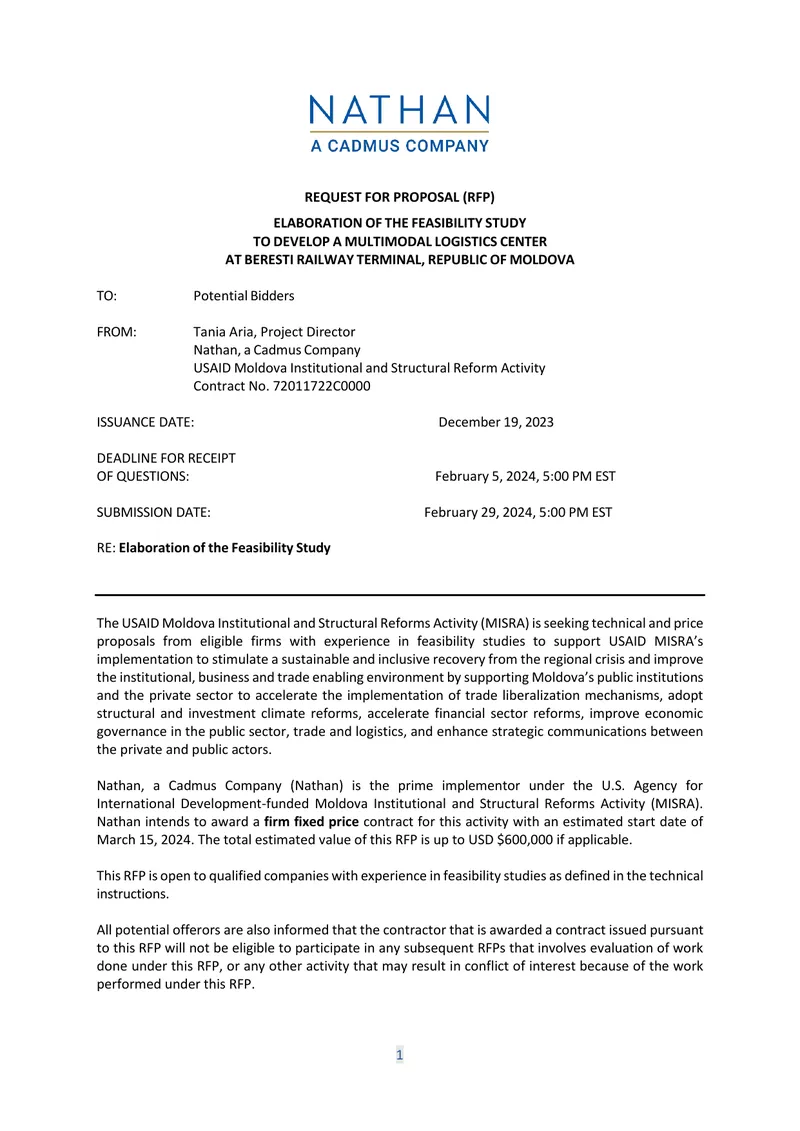 Request for Proposal for Logistics Center Feasibility Study