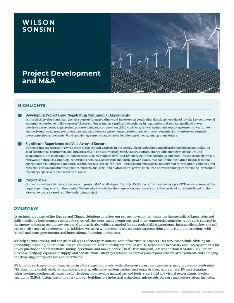 Project Development and M&A in Clean Energy