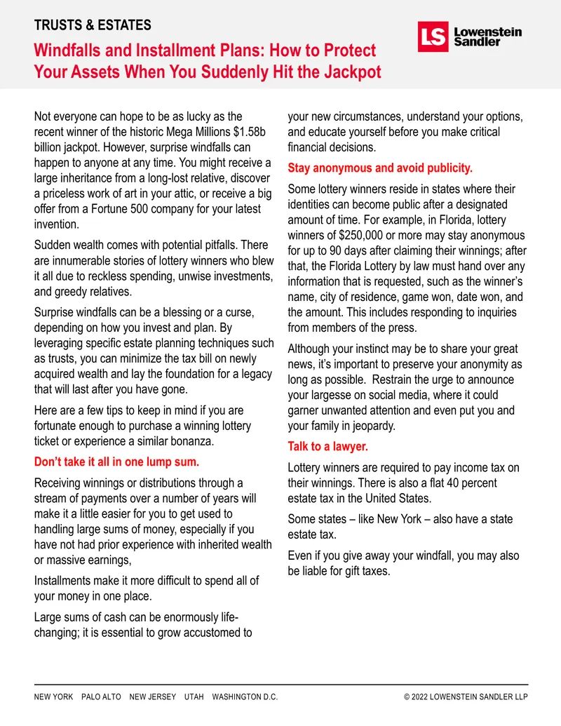 Windfalls and Installment Plans for Asset Protection