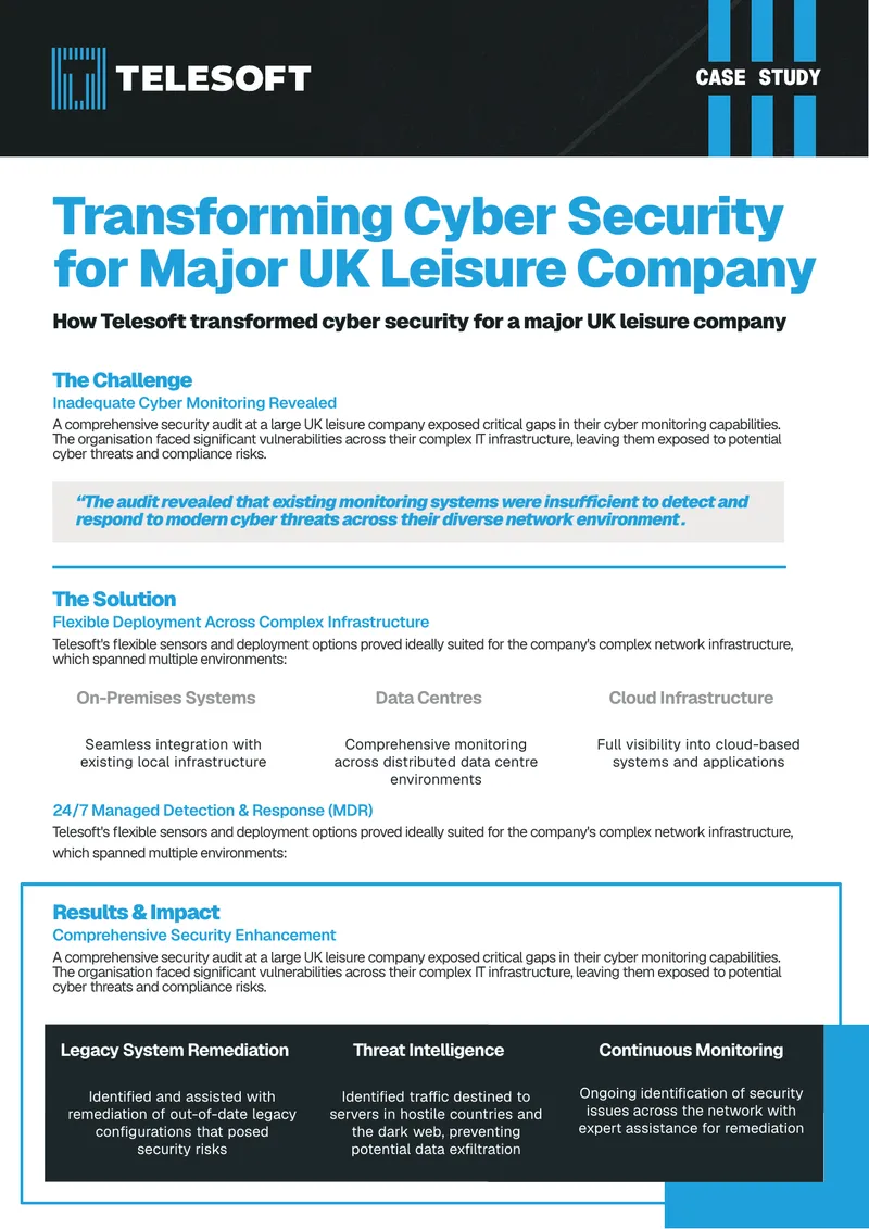 Cyber Security Transformation Case Study for UK Leisure Company