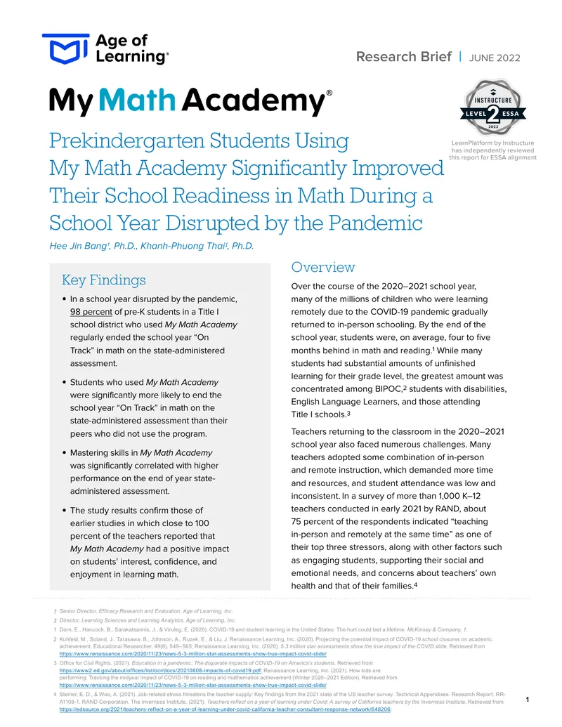 Impact of My Math Academy on Pre-K Students