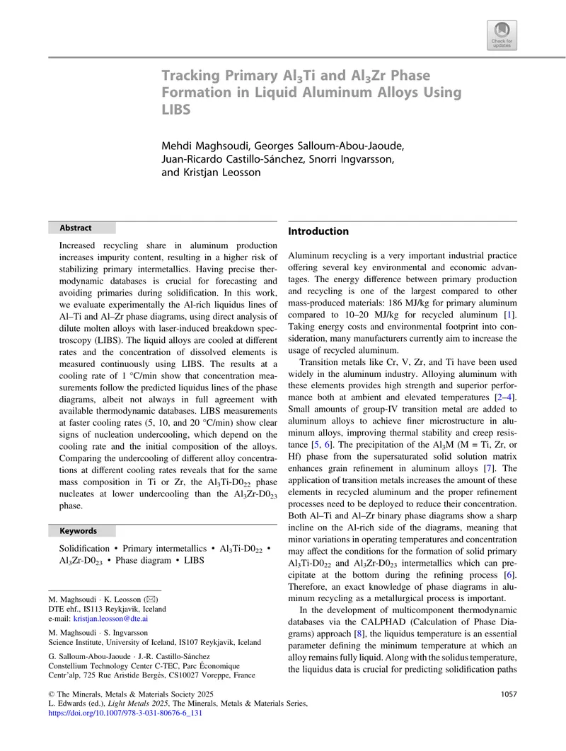 Phase Formation in Liquid Aluminum Alloys Using LIBS