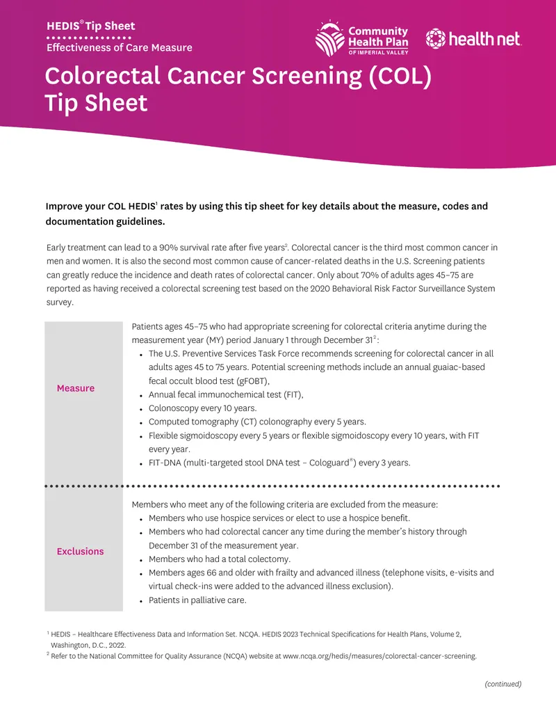 Colorectal Cancer Screening HEDIS Tip Sheet
