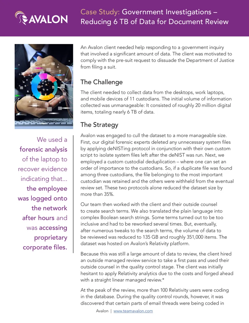 Government Investigations Data Reduction Case Study