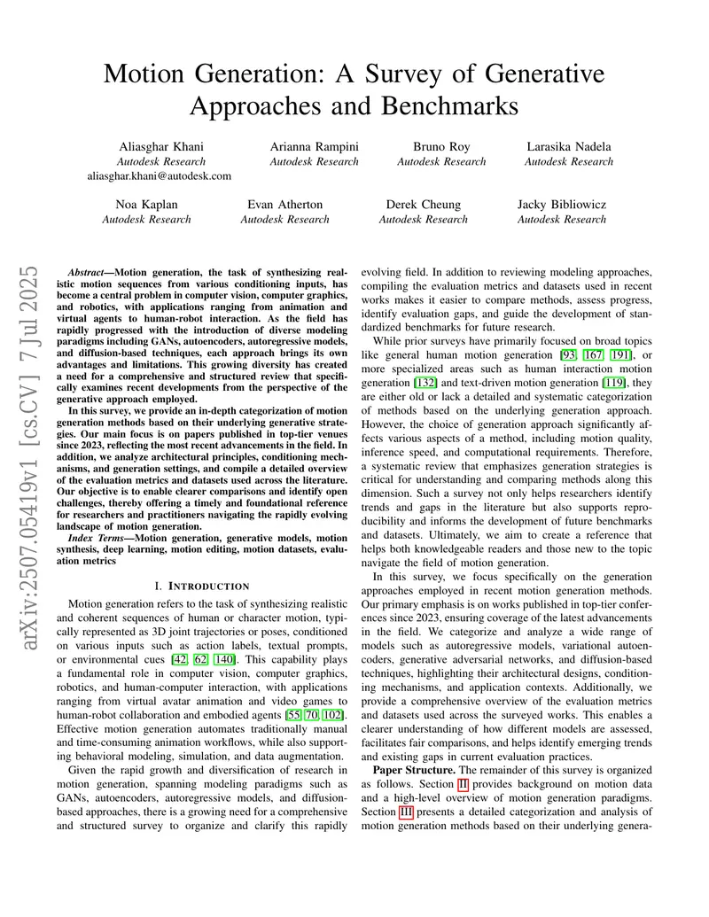 Survey of Generative Approaches in Motion Generation