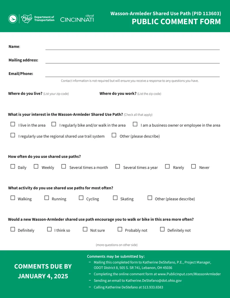 Wasson-Armleder Shared Use Path Public Comment Form
