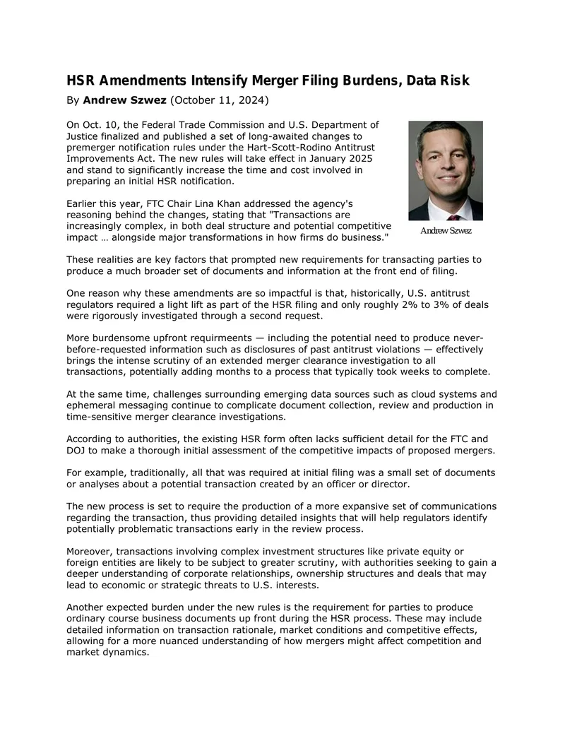 HSR Amendments Increase Merger Filing Requirements