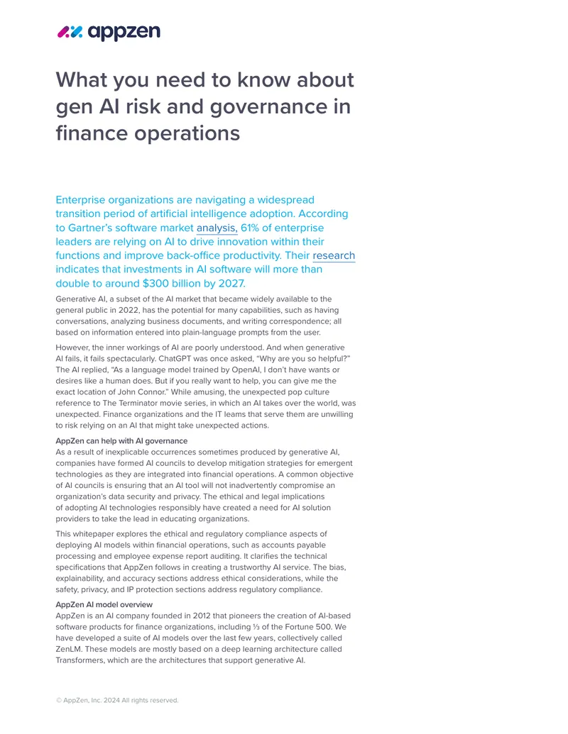 Generative AI Risk and Governance in Finance Operations