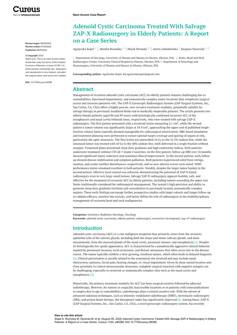 Adenoid Cystic Carcinoma Treated With ZAP-X Radiosurgery
