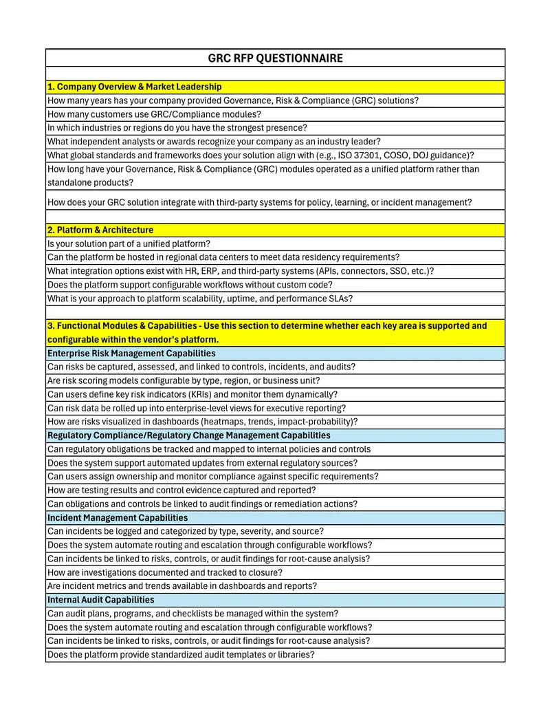 Governance, Risk and Compliance RFP Questionnaire