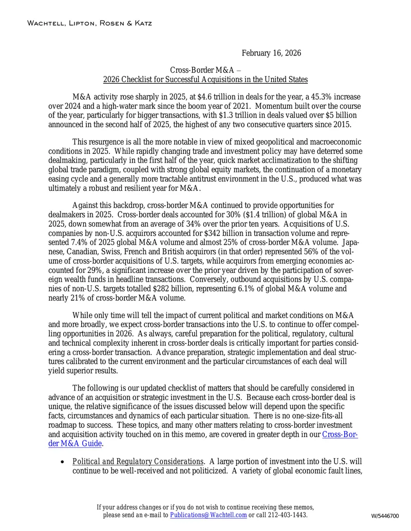 Cross-Border M&A 2026 Checklist for Acquisitions