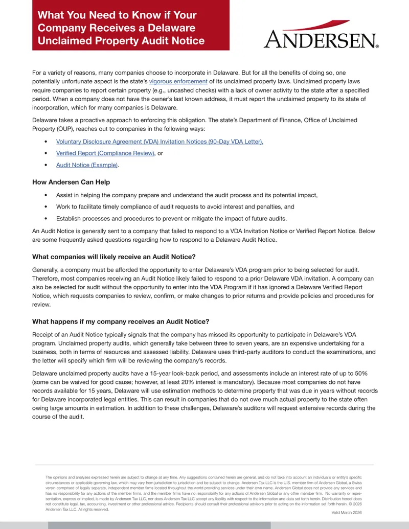 Delaware Unclaimed Property Audit Notice Guidance