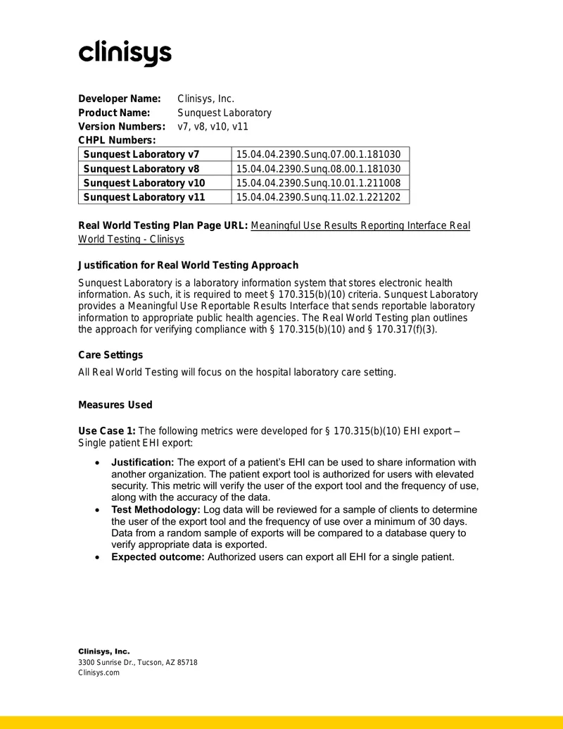 Real World Testing Plan for Sunquest Laboratory