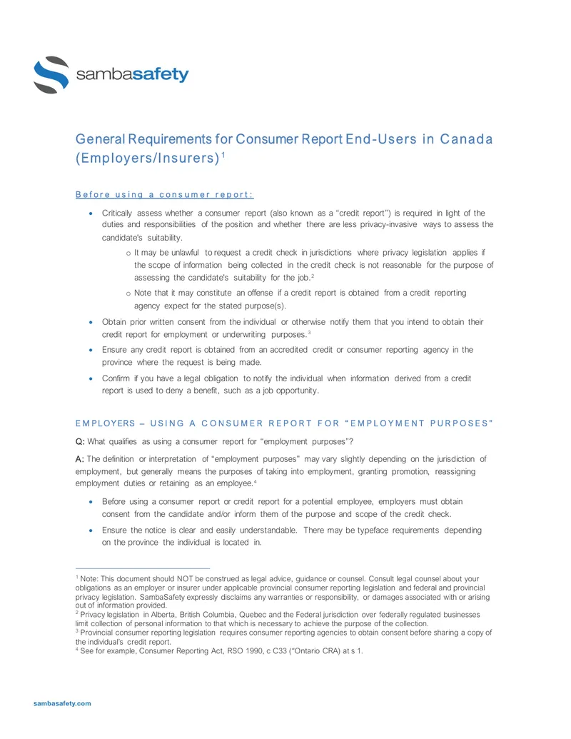 General Requirements for Consumer Report End-Users in Canada