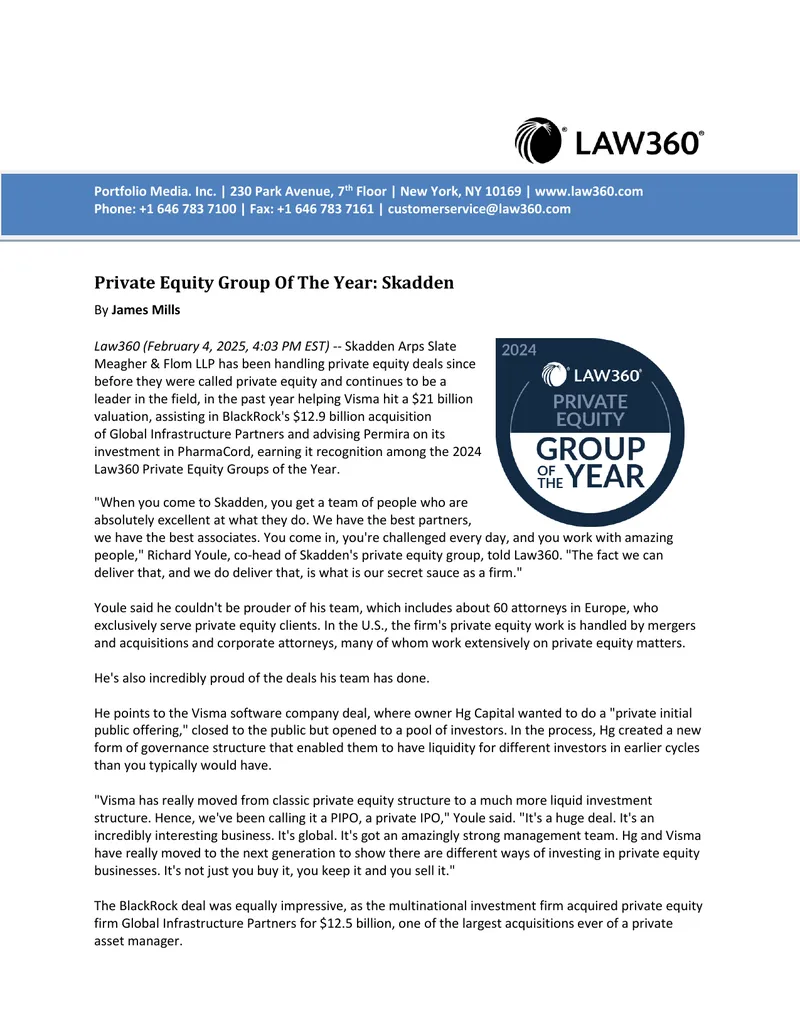 Skadden's Recognition as Private Equity Group of the Year