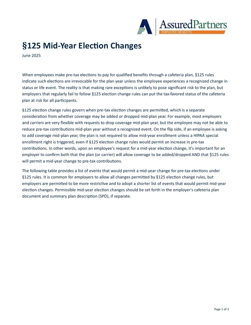 Mid-Year Election Changes Under §125 Rules