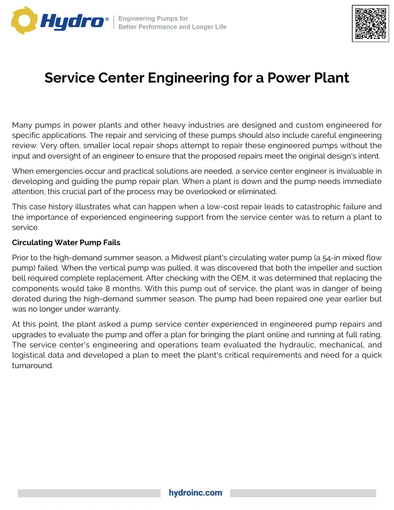 Service Center Engineering for Power Plant Pumps
