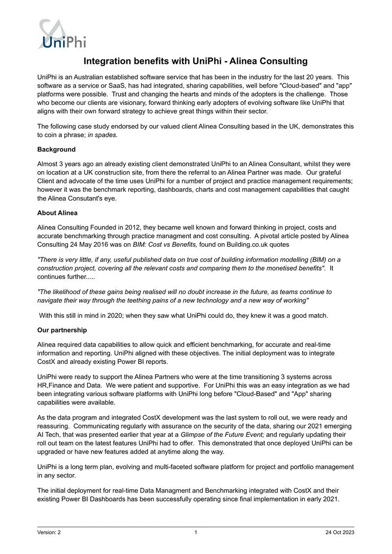 Integration Benefits of UniPhi with Alinea Consulting