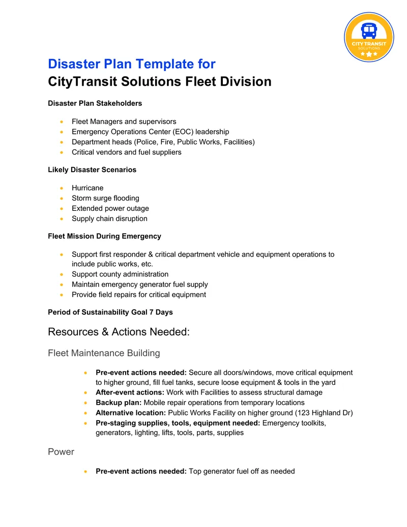 Disaster Plan Template for CityTransit Solutions Fleet Division