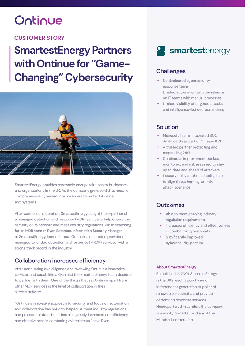 SmartestEnergy Collaboration with Ontinue for Cybersecurity