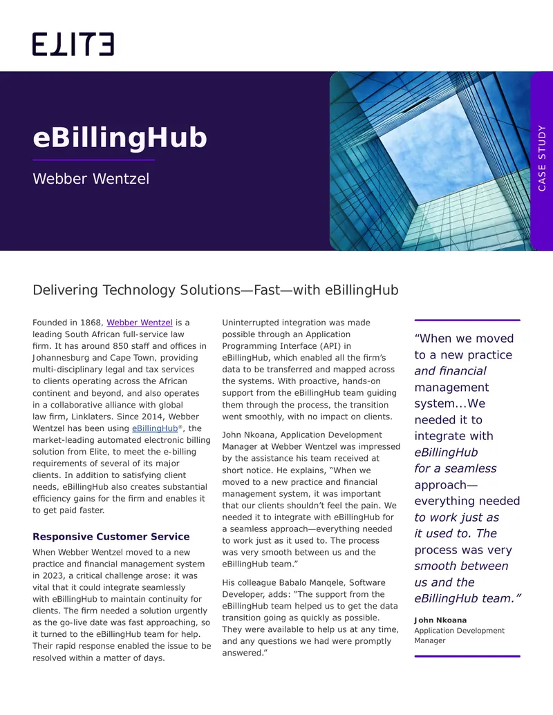 Webber Wentzel eBillingHub Integration Case Study