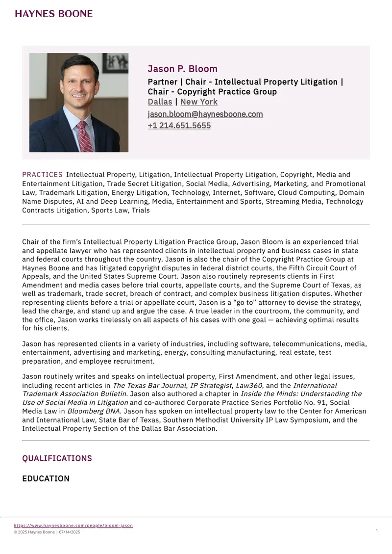 Jason P. Bloom Professional Profile