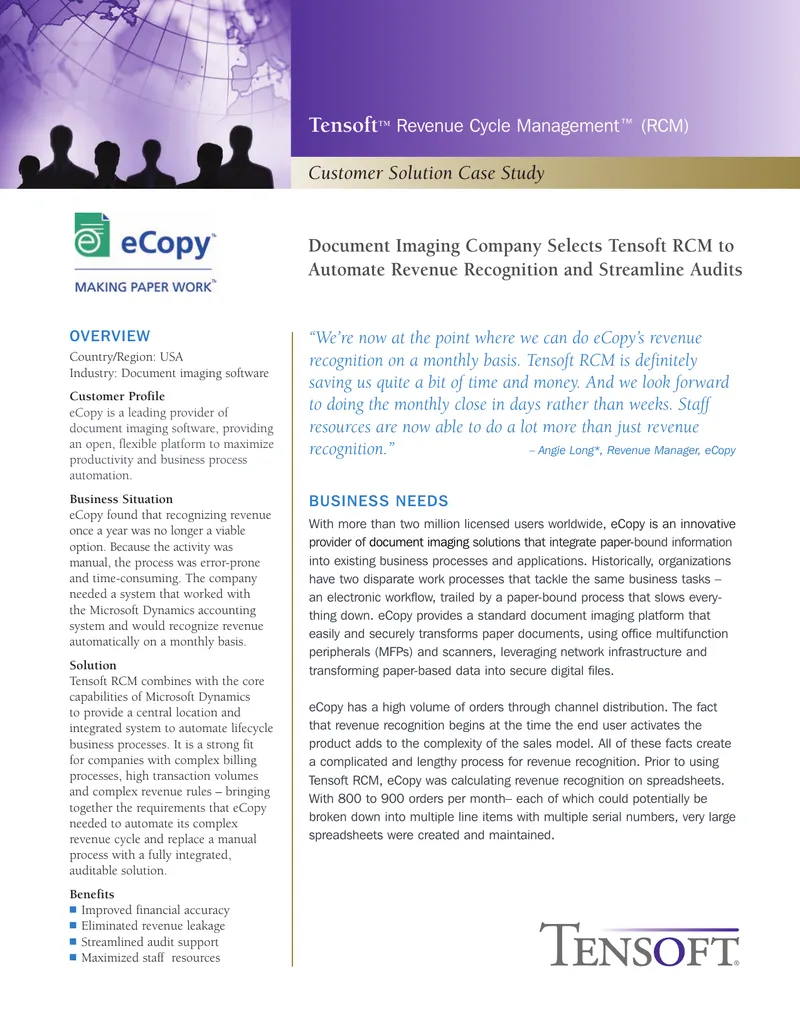 eCopy Implements Tensoft Revenue Cycle Management Solution