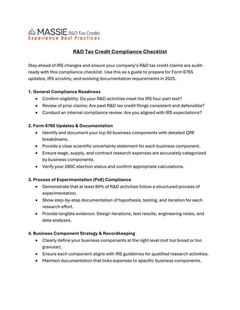 R&D Tax Credit Compliance Checklist