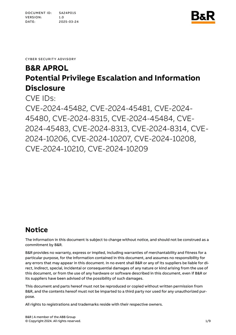 Cyber Security Advisory for B&R APROL Vulnerabilities