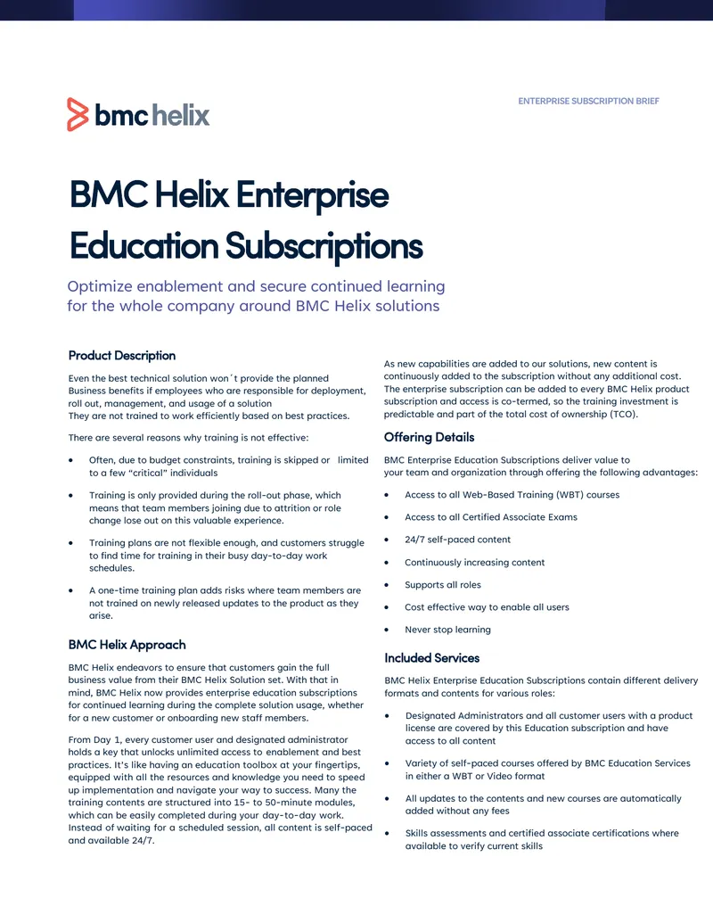 BMC Helix Enterprise Education Subscription Overview