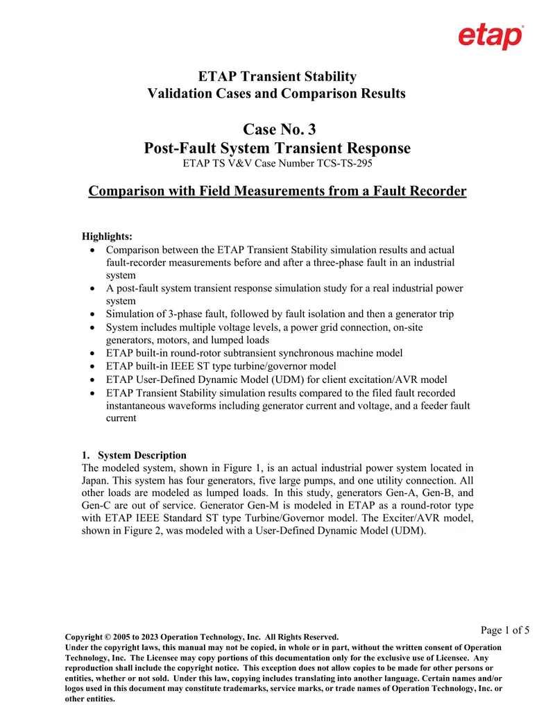 ETAP Transient Stability Validation Case Study