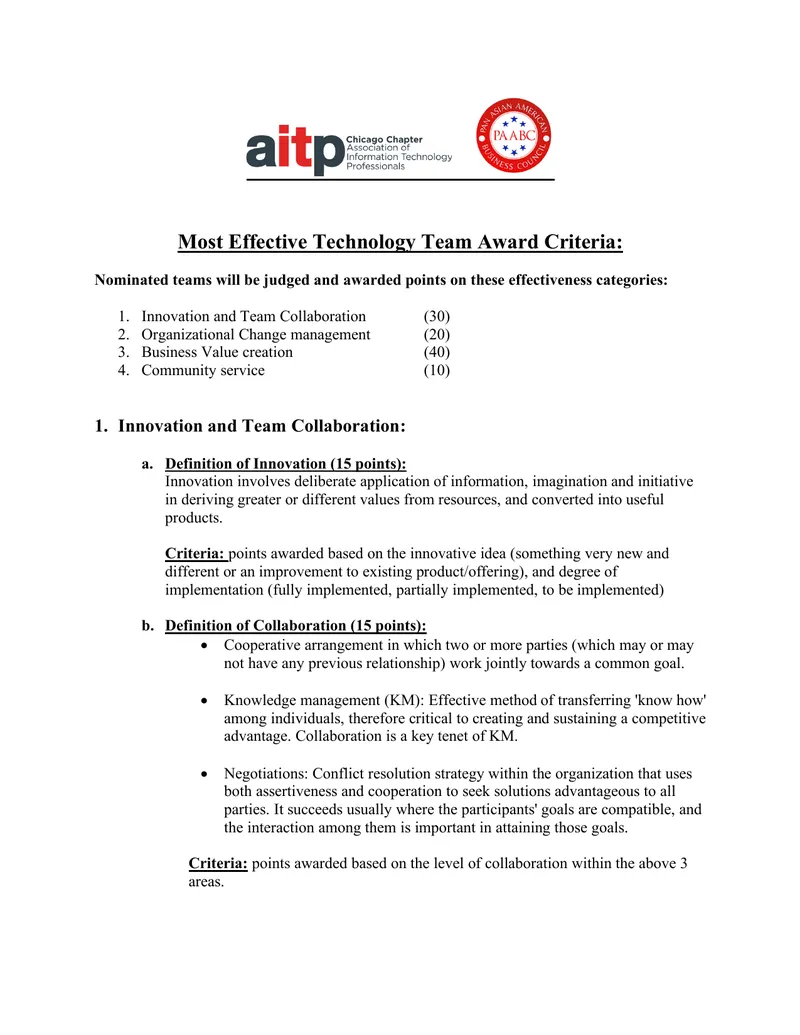 Most Effective Technology Team Award Criteria