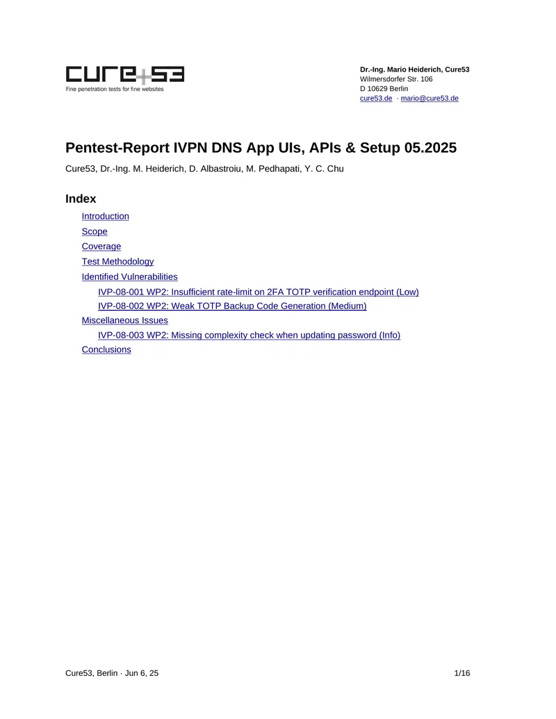 Pentest Report for IVPN DNS Application