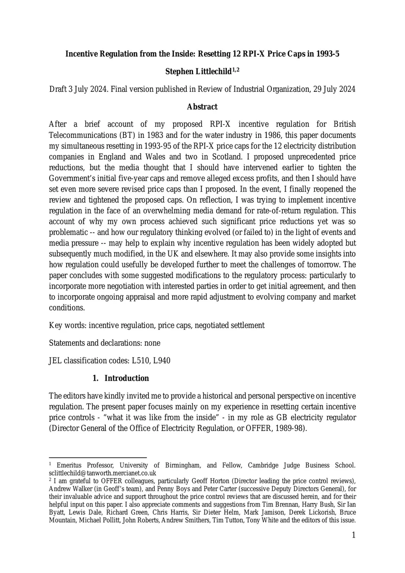 Incentive Regulation and Price Caps in the UK
