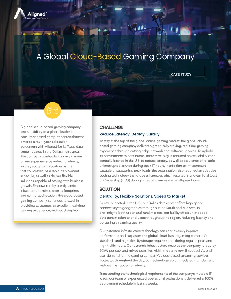 Colocation Solutions for Cloud-Based Gaming Company