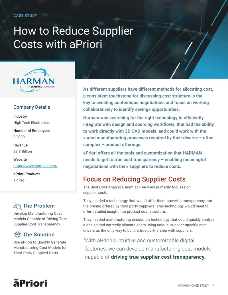 Reducing Supplier Costs with aPriori Case Study