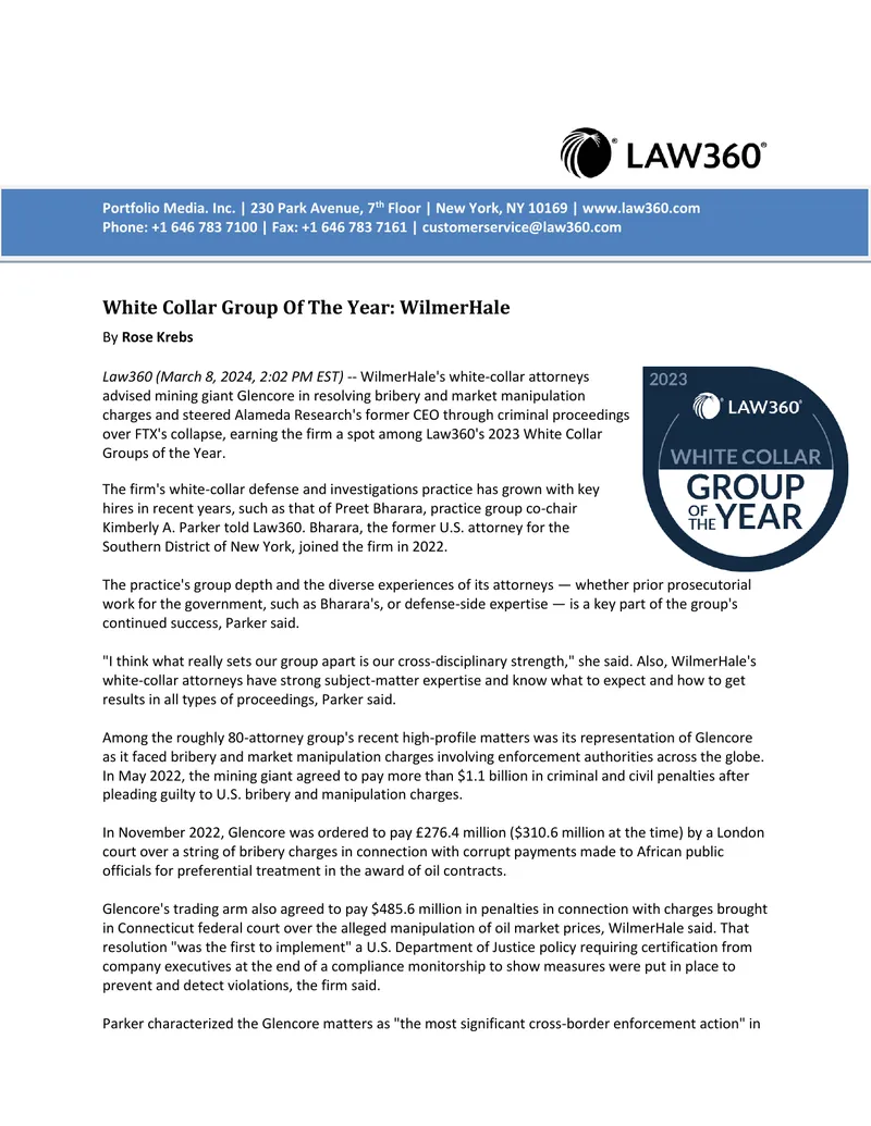 WilmerHale's White-Collar Defense Achievements