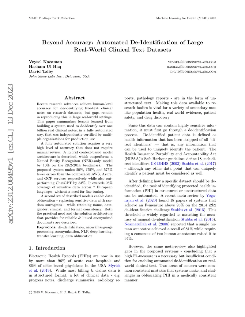 Automated De-Identification of Clinical Text Datasets