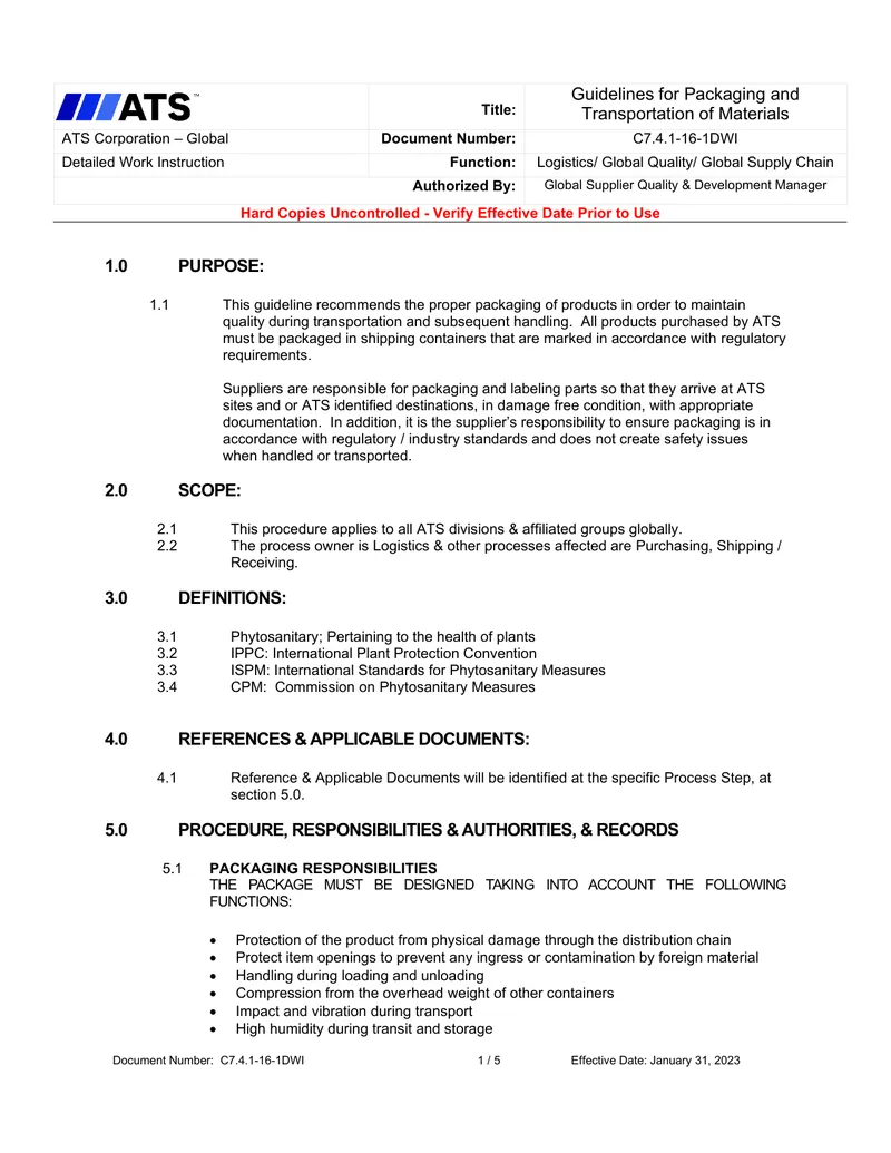 Guidelines for Packaging and Transportation of Materials
