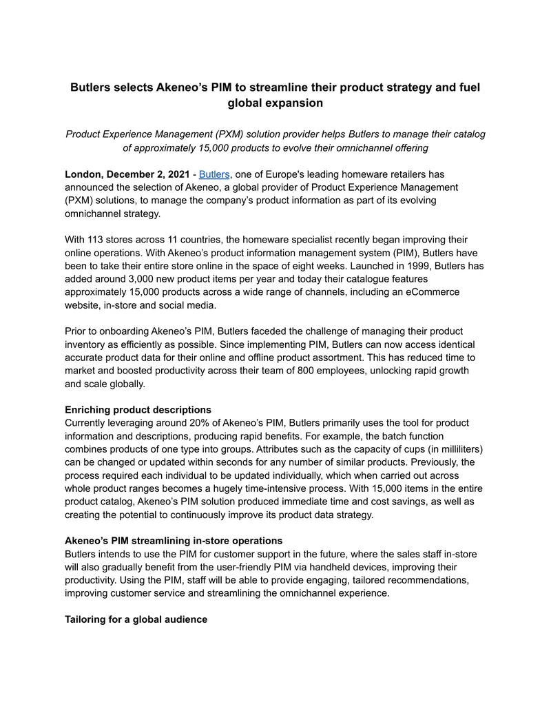 Butlers Implements Akeneo PIM for Product Management